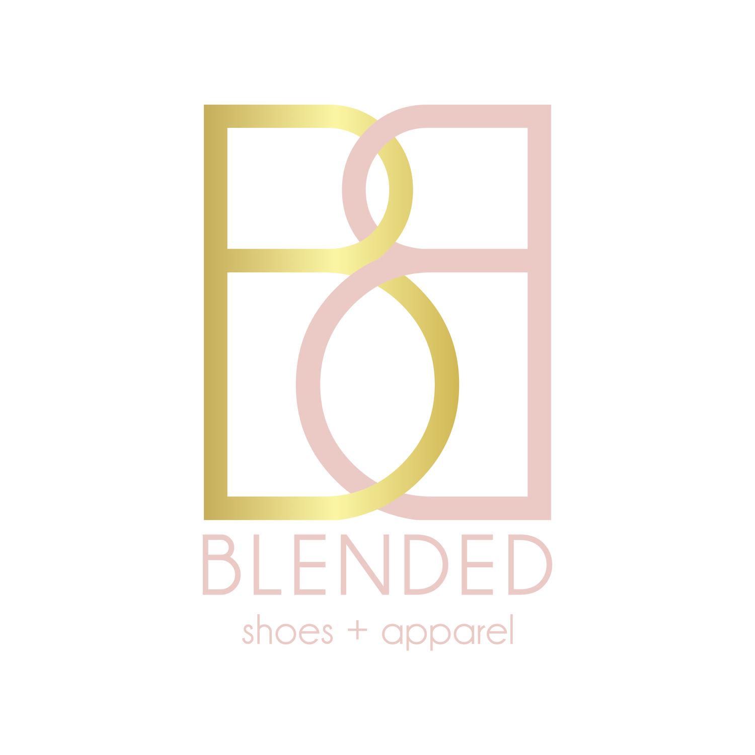 Logo for Blended Shoes + Apparel with interlocking gold and pink lines forming a stylized “B” above the brand name in soft pink text.