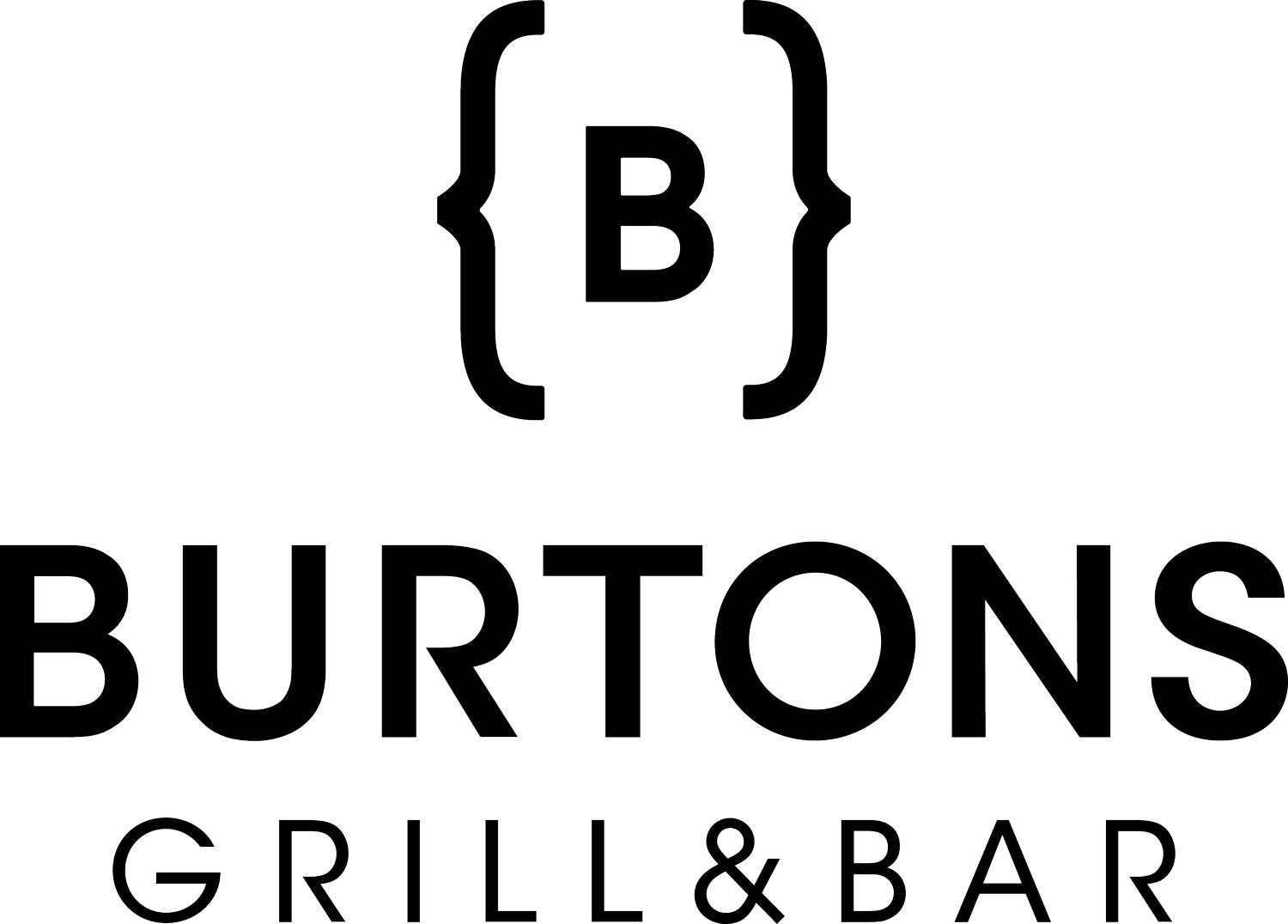 Burtons Grill & Bar logo with a bold “B” inside curly brackets above the restaurant name in black text on a white background.