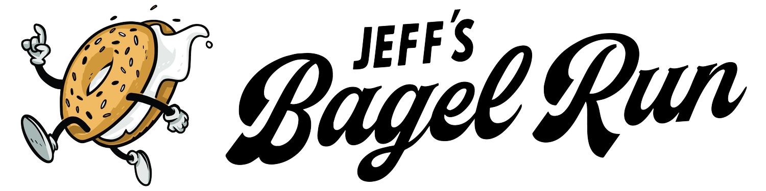 Cartoon bagel with arms and legs running next to the text “Jeff’s Bagel Run” in bold script font.