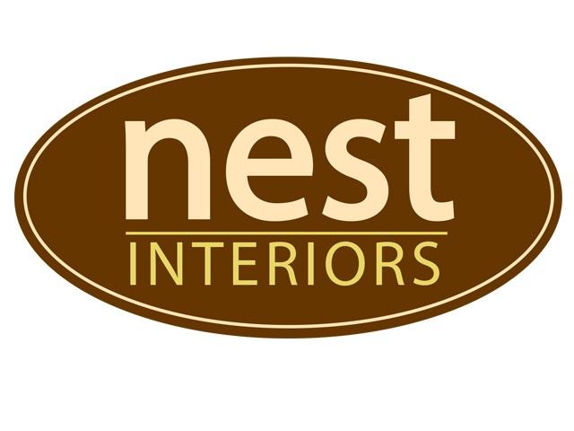 Brown oval logo with the words “nest INTERIORS” in beige and yellow capital and lowercase letters.