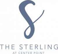 Blue stylized "S" above the words "The Sterling at Center Point" on a light gray background.