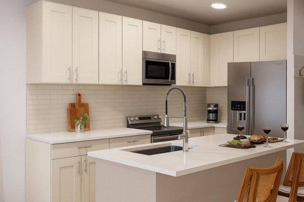 Modern kitchen with cream cabinets, stainless steel appliances, island seating, and wine glasses on the counter.