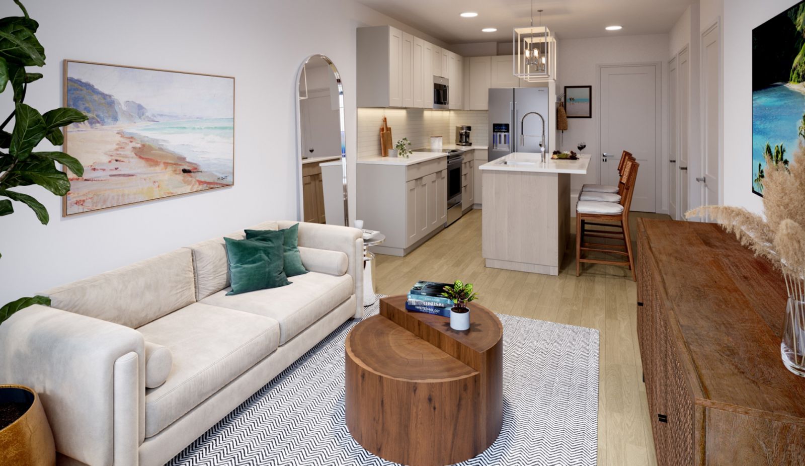 Modern living room with a beige sofa, wooden coffee table, kitchen island, and wall art, featuring light decor and green plants.